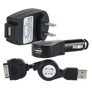 3-in-1 USB Car/Travel Charger for iPod, iPhone, Cell Phones,
